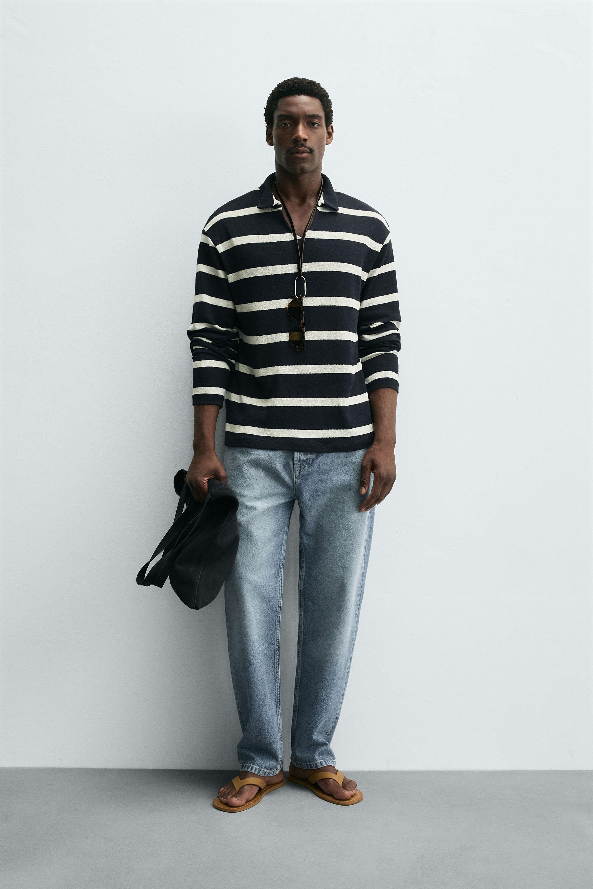 STRIPED JACQUARD POLO SHIRT - Navy blue | ZARA United States