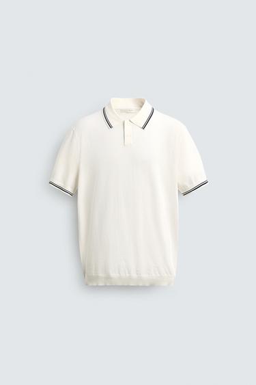 Zara REGULAR FIT CONTRAST KNIT POLO - White
