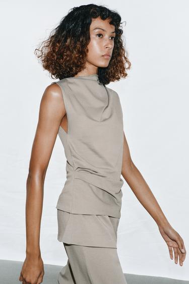 Zara DRAPED COTTON TOP - Blue gray