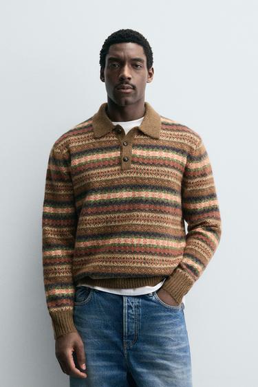Zara GEOMETRIC JACQUARD KNIT POLO - Brown