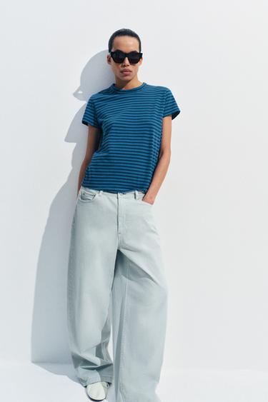 STRIPED COTTON AND LINEN T-SHIRT - Blue / Indigo by Zara - Image 0