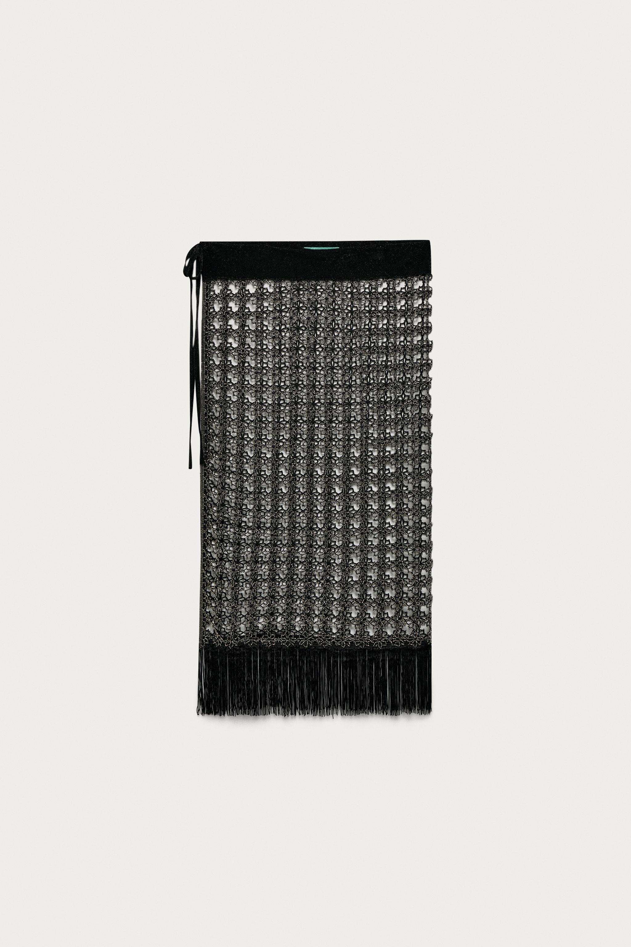 MARISA BERENSON X ZARA BEADED FRINGED OPENWORK PAREO — Black