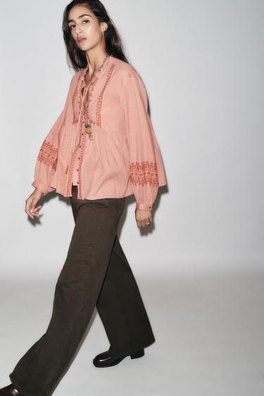 CONTRAST EMBROIDERY BLOUSE - MARSALA by Zara - Image 2