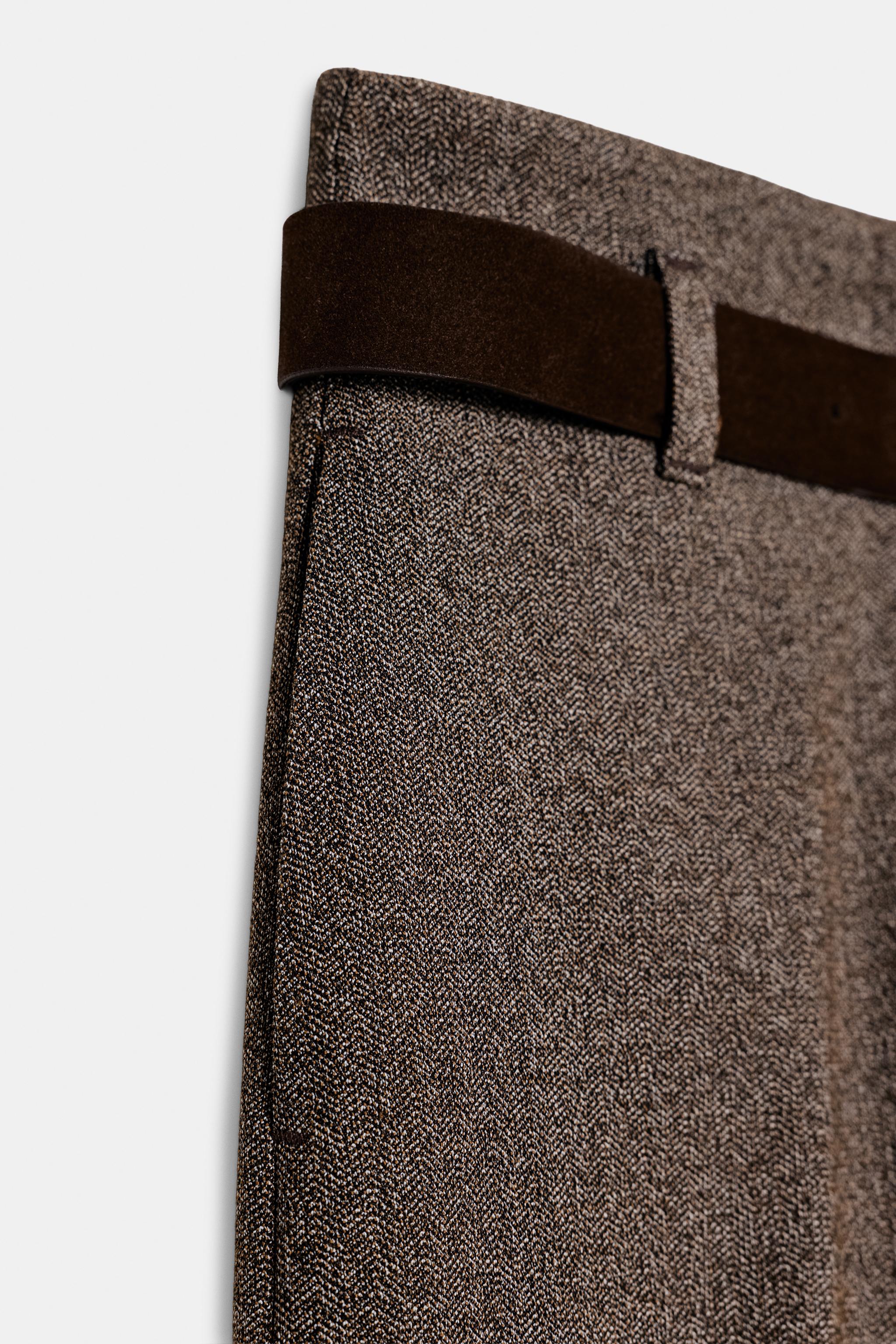 HERRINGBONE BELTED PANTS