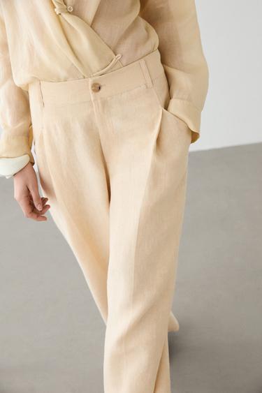 Pantalon wide leg en lin avec poches - Sable de Zara