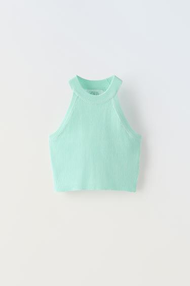 TOP CÔTELÉ HALTER - Bleu d'eau de Zara