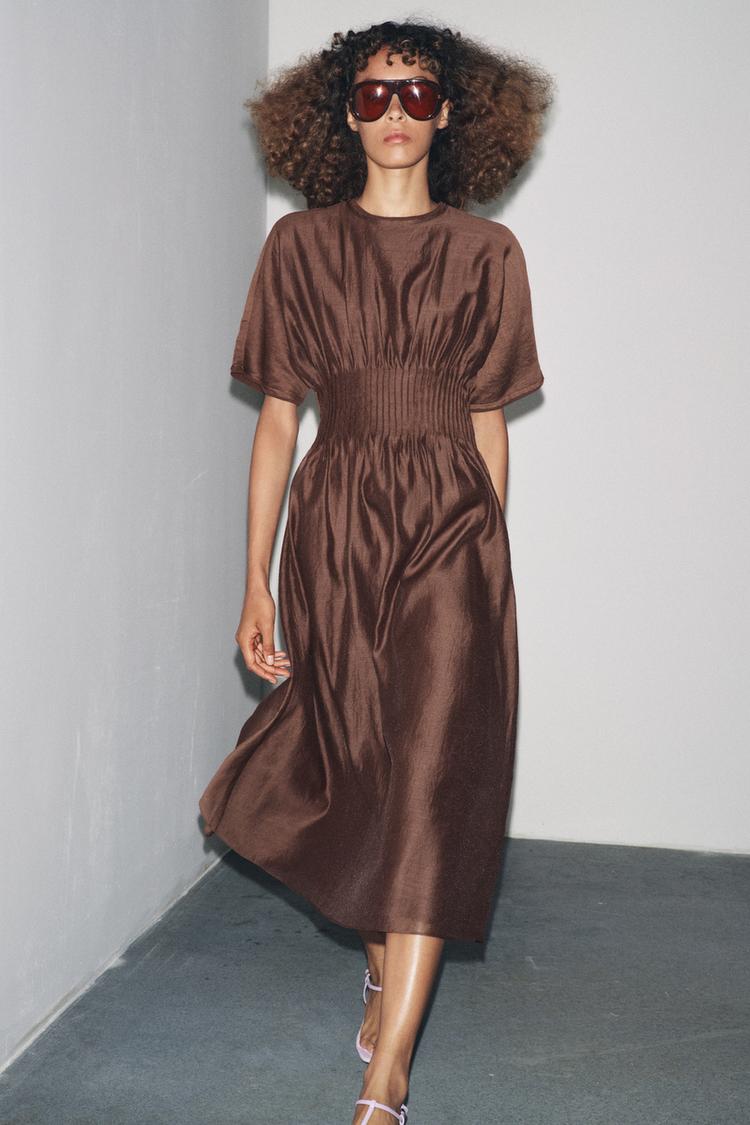 PLEATED WAIST KNIT DRESS WITH MATCHING DETAIL Brown ZARA