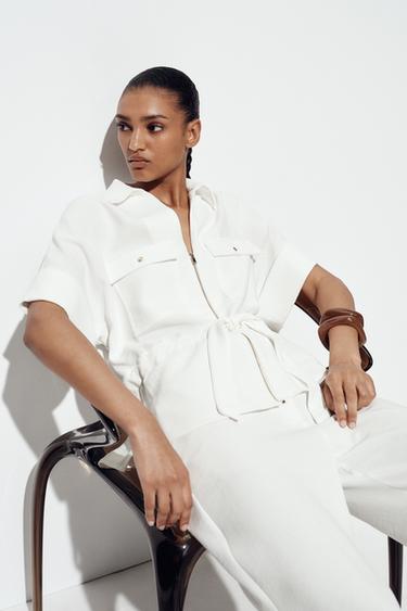 PANTALON LARGE TAILLE ÉLASTIQUE - Blanc cassé de Zara - Image 4