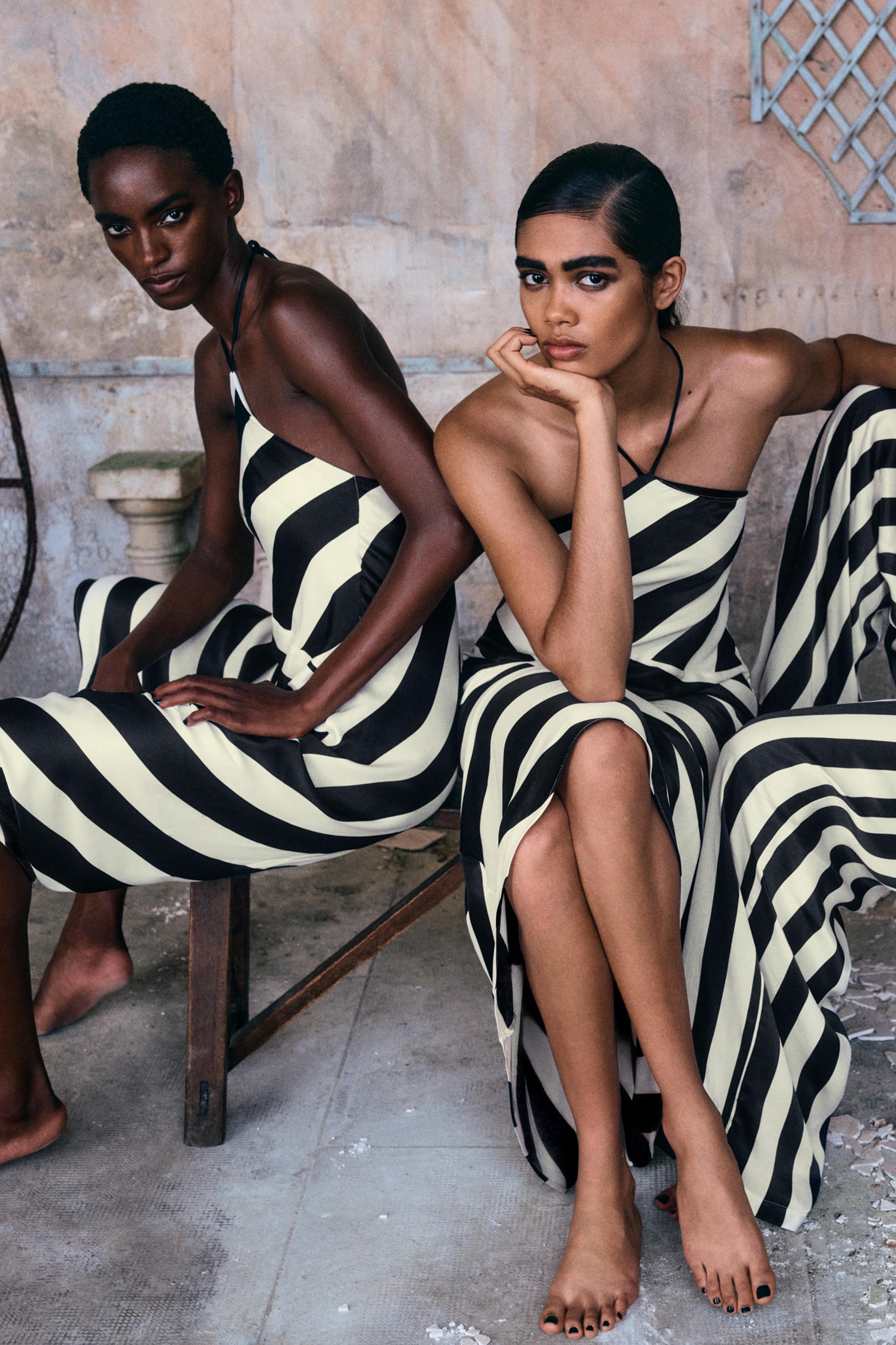 STRIPED MIDI HALTER DRESS