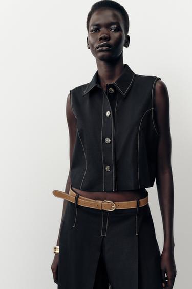 Zara 撞色縫線直筒西裝背心 - 黑色