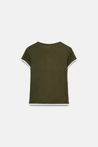 CONTRAST TRIM T-SHIRT - Dark khaki by Zara - Image 6