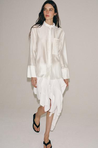 Zara EMBROIDERED POCKET SHIRT ZW COLLECTION - White