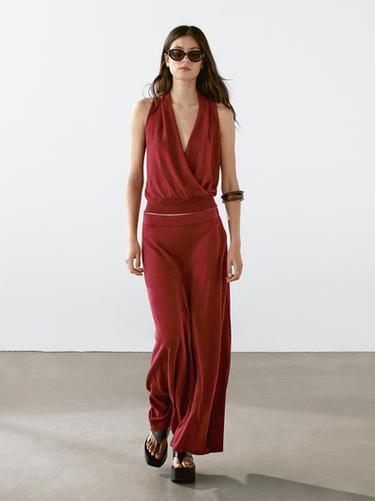Zara Long linen blend knit skirt - Dark red - Image 0