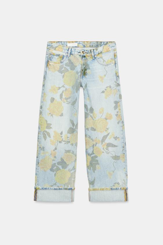 JEANS TRF LOOSE FOLDED TIRO BAJO FLORES - Celeste de Zara - Imagen 0