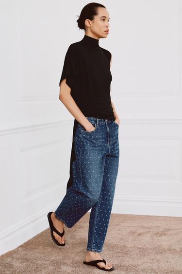 ZW COLLECTION TAPERED MID-WAIST DOTS JEANS - blue by Zara