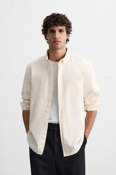 Zara TEXTURED CHAMBRAY SHIRT - Oyster-white