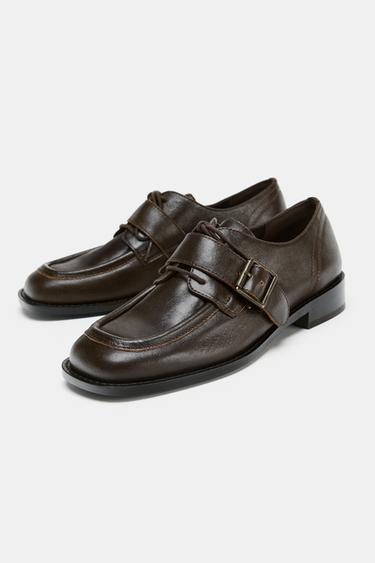 LEATHER BUCKLE LOAFERS - Brown by Zara - Image 1