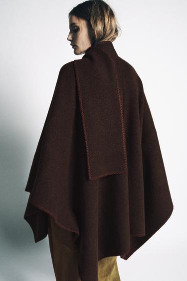 KNIT CAPE WITH CONTRAST THREAD SCARF - Brown by Zara - Image 2