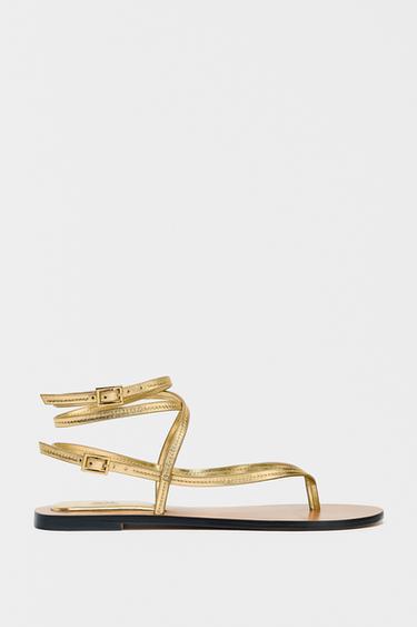 METALLIC-EFFECT STRAPPY SANDALS - Gold by Zara - Image 0