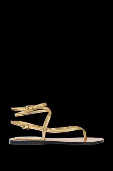 Zara METALLIC EFFECT STRAPPY LEATHER SANDALS - Gold - Image 0