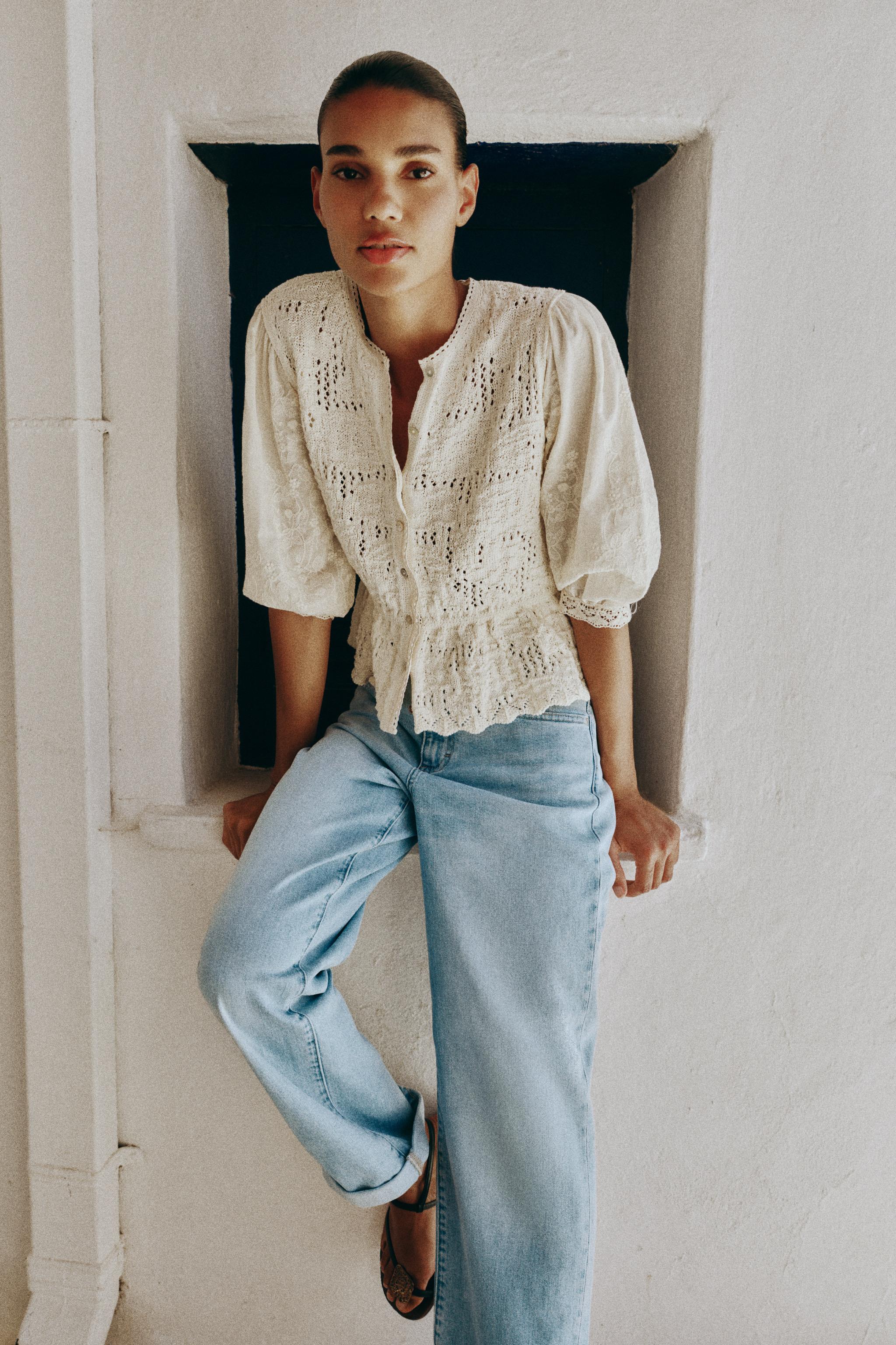 ROMANTIC MIXED-FABRIC CARDIGAN — Ecru