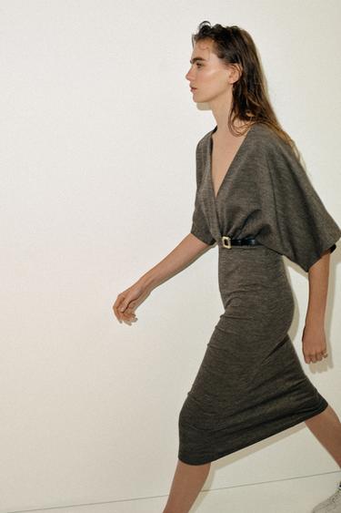 MIDI PIQUÉ DRESS WITH BELT - Dark green by Zara