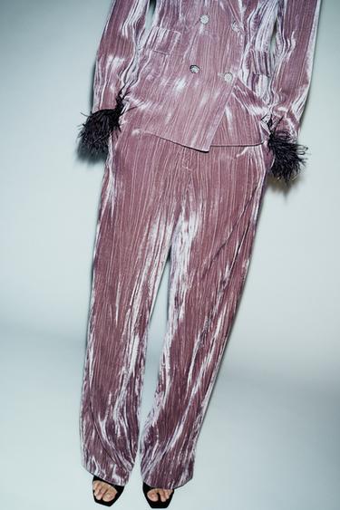 Zara ŠIROKE PLIŠANE PANTALONE – ružičasto-ljubičasta