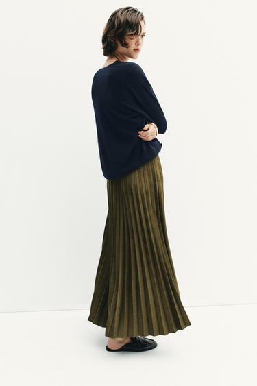 FALDA MIDI PLISADA CINTURÓN - Khaki de Zara