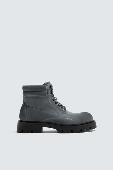 BOTA PIEL CORDONES - Gris de Zara