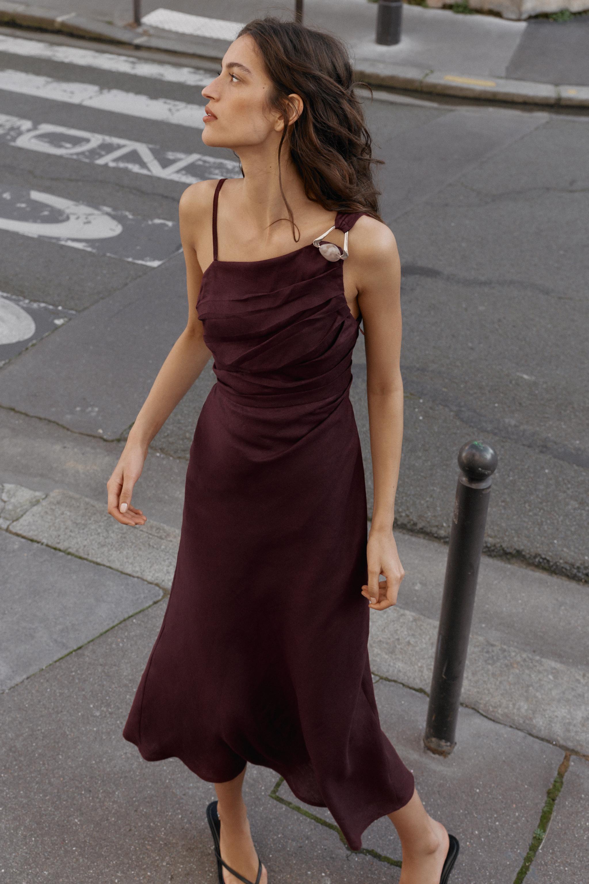 ASYMMETRIC 100% LINEN MIDI DRESS - Eggplant | ZARA United States ASYMMETRIC 100% LINEN MIDI DRESS - Eggplant | ZARA United States