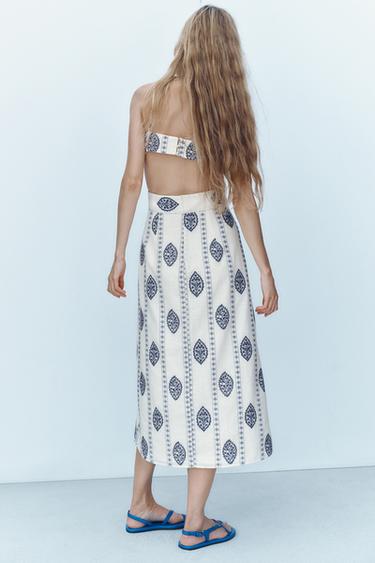 ROBE MI-LONGUE BRODÉE AJOURÉE - Écru / Bleu de Zara - Image 4