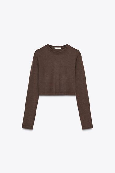 Round neck cropped T-shirt - Brown by Zara