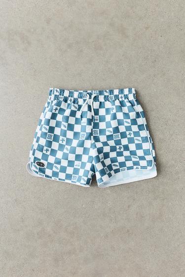 AGES 6-14 / CHECKERBOARD LOGO RUBBERISED SWIM SHORTS - Blue by Zara
