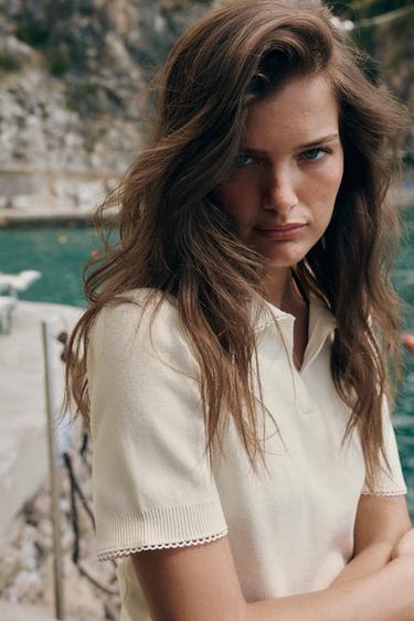 KNIT POLO SHIRT WITH CONTRAST LACE - White by Zara - Image 2
