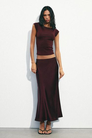 SATIN MIDI SKIRT - Burgundy by Zara