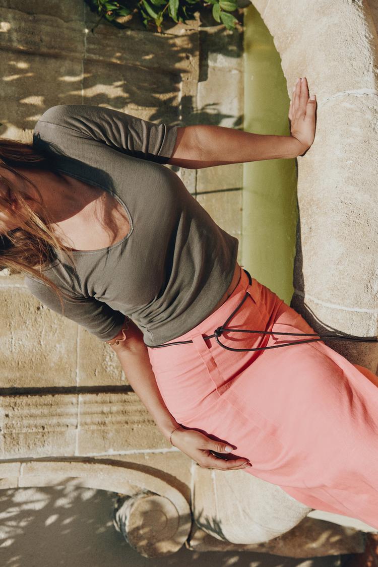 LINEN BLEND MIDI SKIRT WITH BELT MARSALA ZARA Ireland