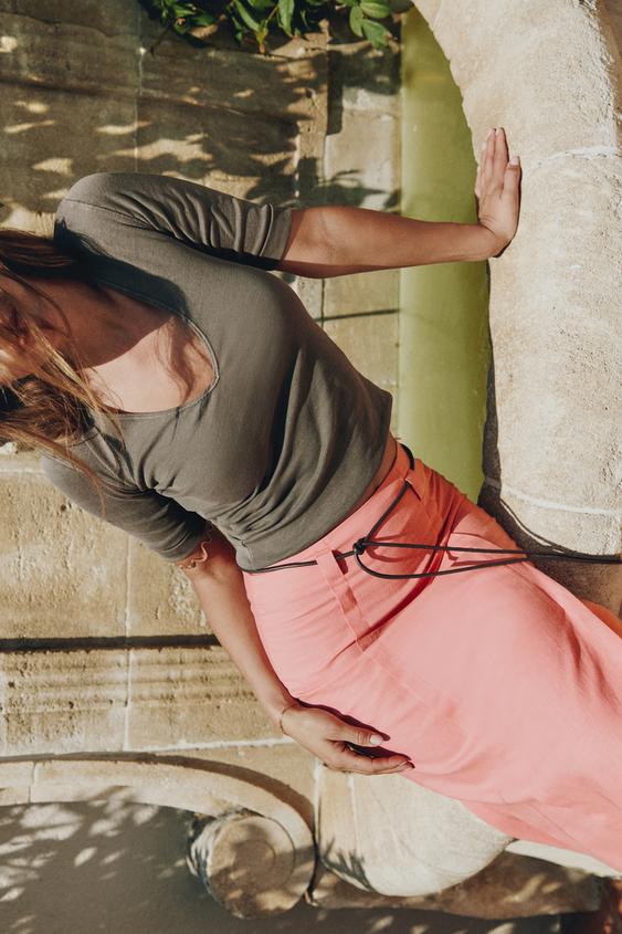 LINEN BELTED MIDI SKIRT