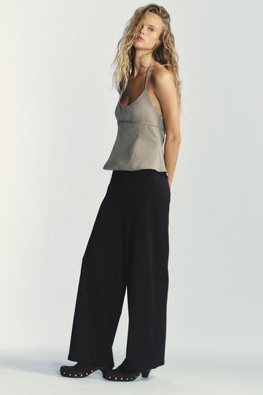 Zara TEXTURED STRAIGHT LEG PANTS - Black