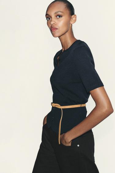 ВЯЗАНАЯ КУРТКА С КОРОТКИМИ РУКАВАМИ И ПОЯСОМ — МОРСКОЙ СИНИЙ от Zara — изображение 0
