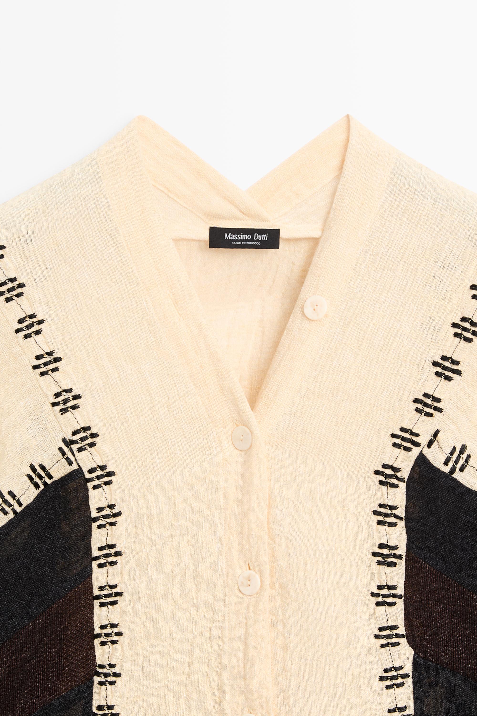 Linen blend embroidered kaftan dress — Brown