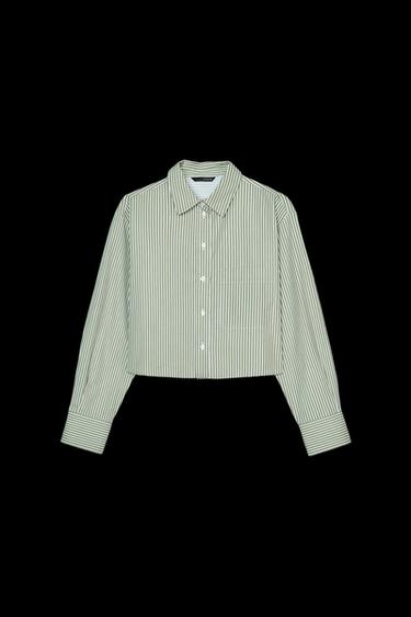 Zara POPLIN CROPPED TOP - White / Green - Image 0