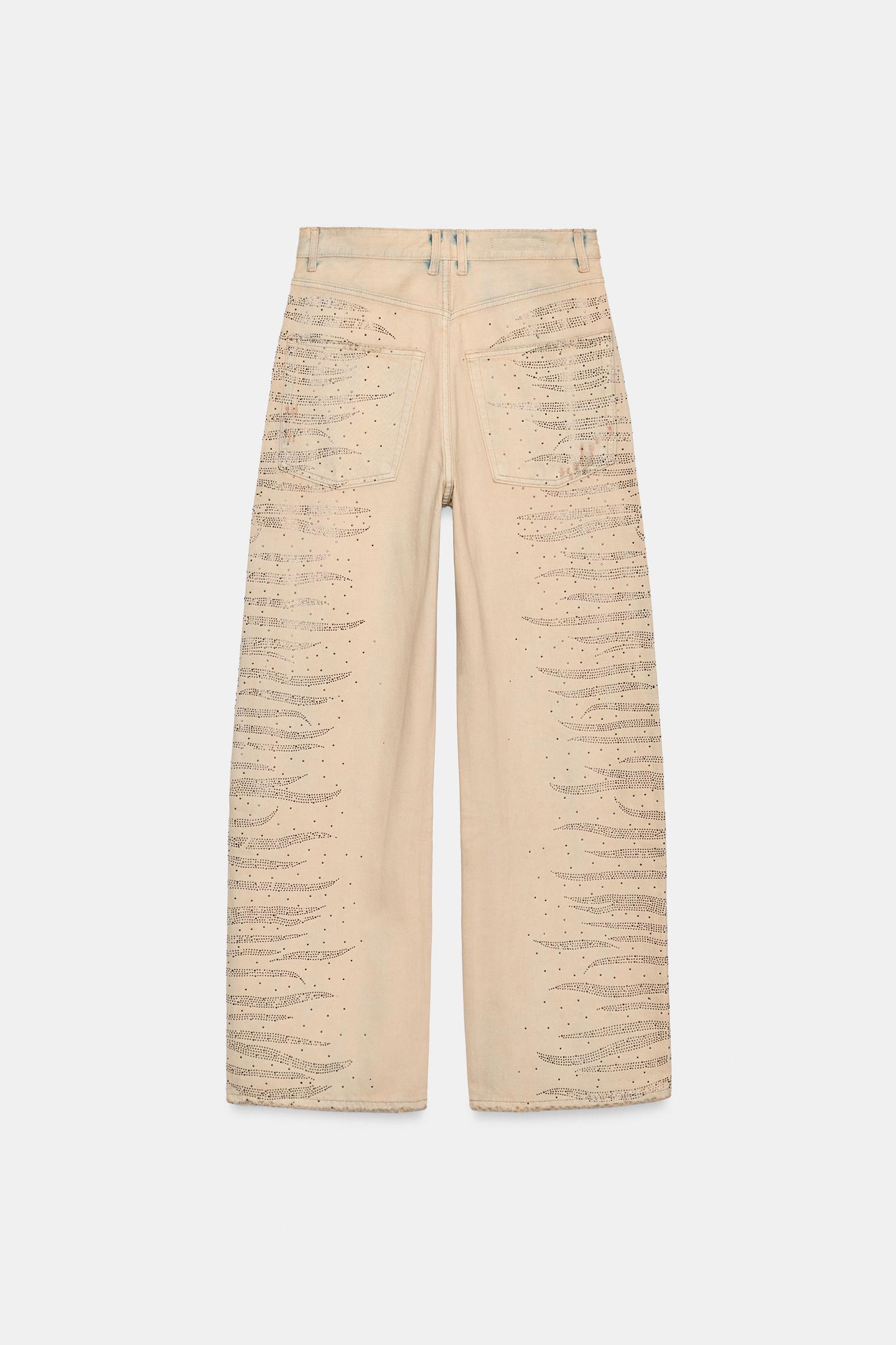 Женские джинсы Zara Mid-Rise Baggy Fit Rhinestone, цвет: Светлый хаки — фото 2