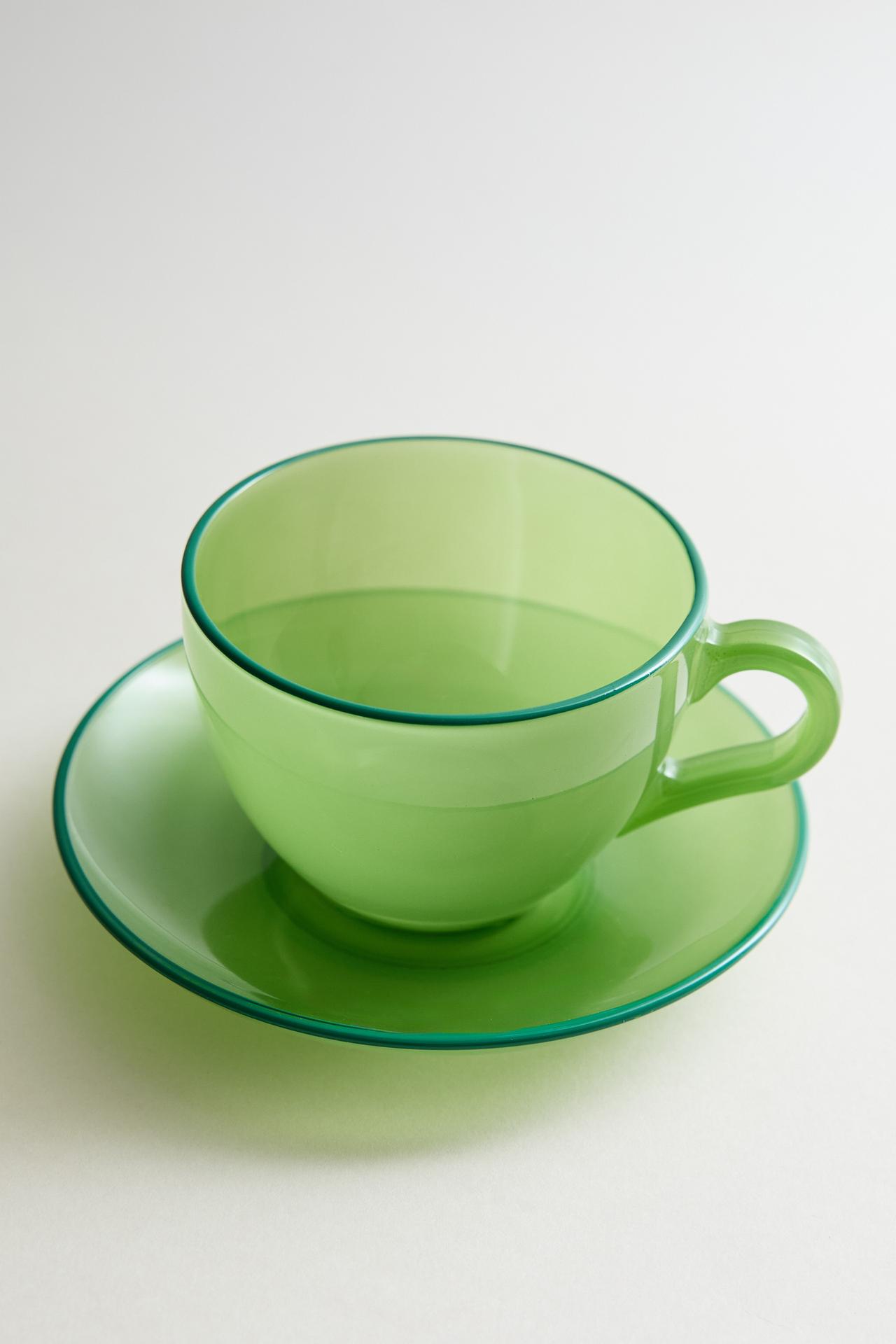 GLASS COFFEE CUP AND SAUCER — Green