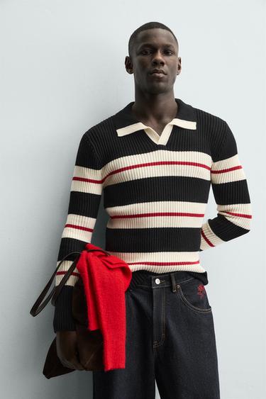 STRIPED JACQUARD KNIT POLO SHIRT - Black by Zara - Image 4