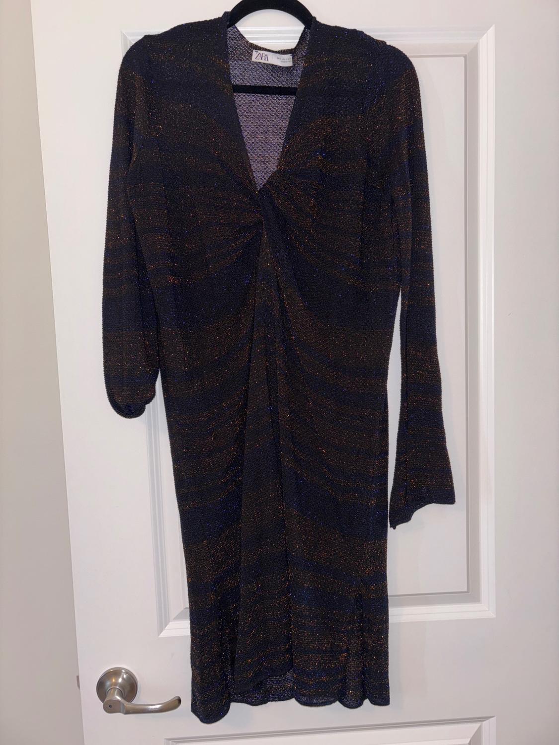 Long-sleeved dress in dark, shimmering tones, hanging on a black hanger over a white door. Visible label: ZARA.