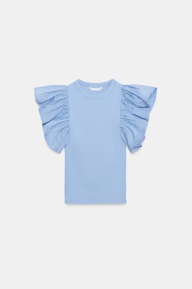 CONTRAST RIBBED T-SHIRT WITH RUFFLES - Mid-blue by Zara