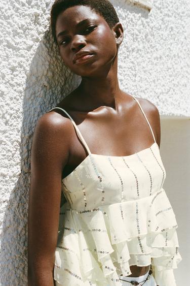 Zara SEQUIN RUFFLE TOP - Light yellow