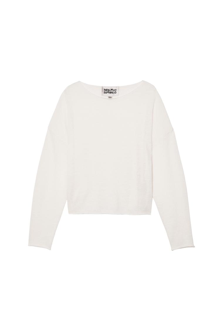 LINEN - WOOL CROPPED FIT JUMPER — Ecru