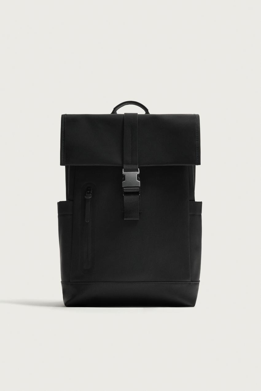 black zip clasp black leather backpack Amari Backpack: Maniere De Voir Designed with padded Journey Leather Backpack - Black