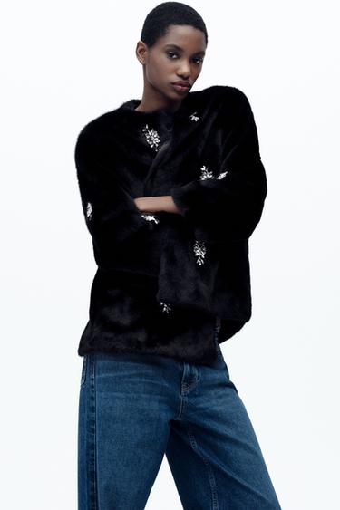 Zara FAUX FUR JEWEL BEADING COAT - Black